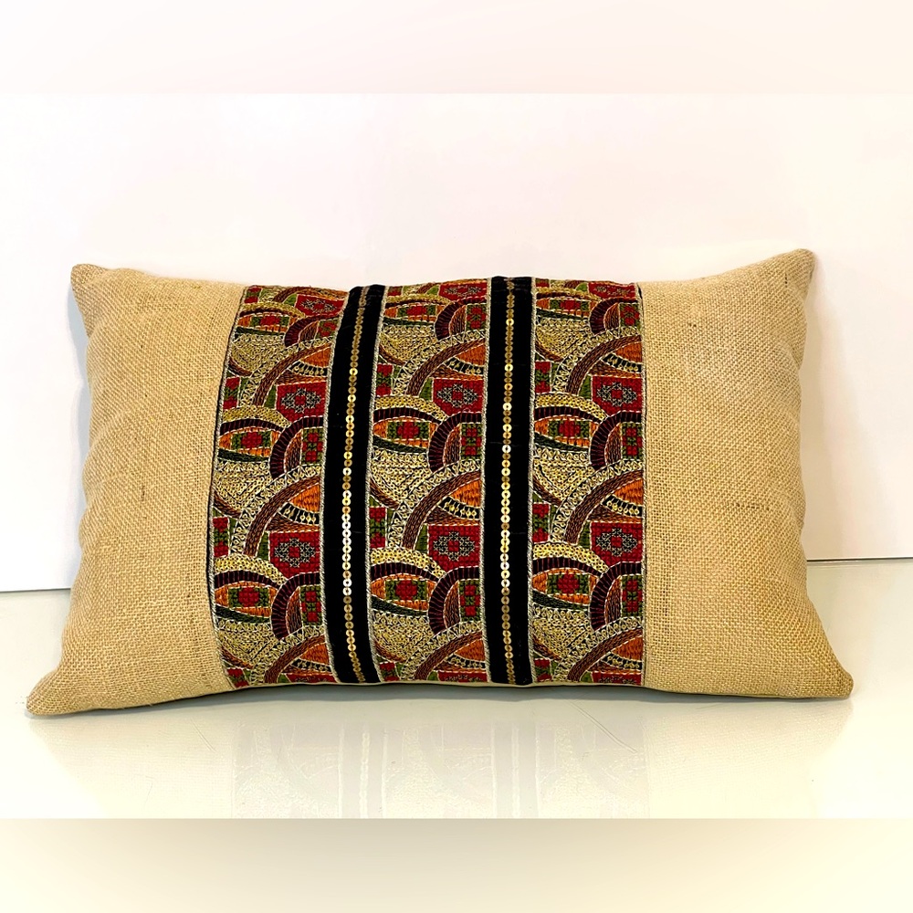 Pier 1 Imports Pillow Jute Rectangular Embroidered Lumbar Boho Bohemian Cushion